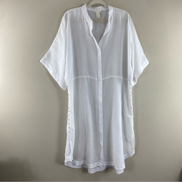 H&M Women’s White Gauzy Lightweight Button-Front Kaftan Cover-Up Sz 14 - Picture 2 of 12